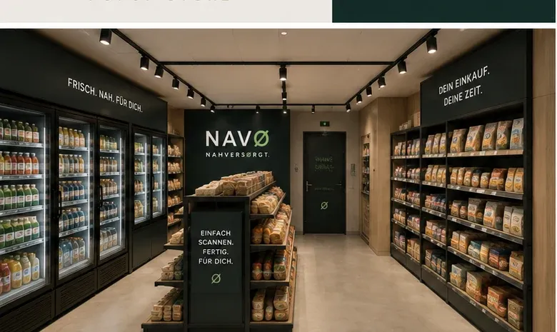 Innenraum eines kompakten NAVØ Stores mit Holzregalen und Kühlung